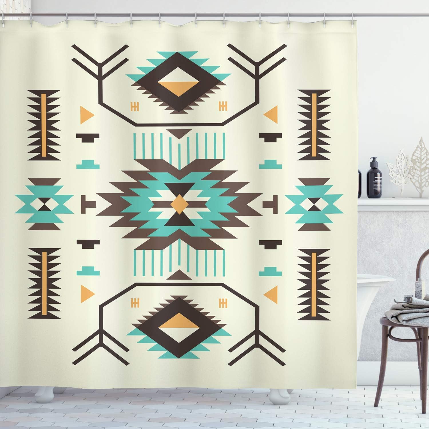 Ethnic Zigzag Shower Curtain, Southwestern Bathroom Decor With Printed Art, Soft Yellow Cloth Fabric