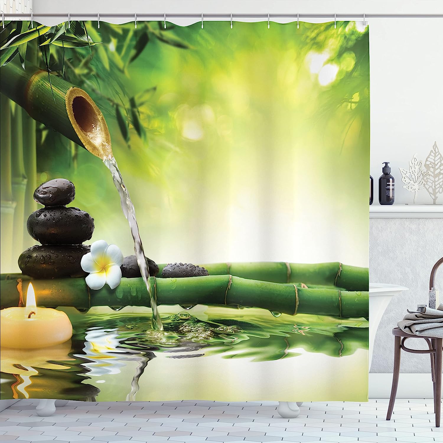 Spa Relaxation Shower Curtain, Bathroom Decor With Bamboo And Candle Art