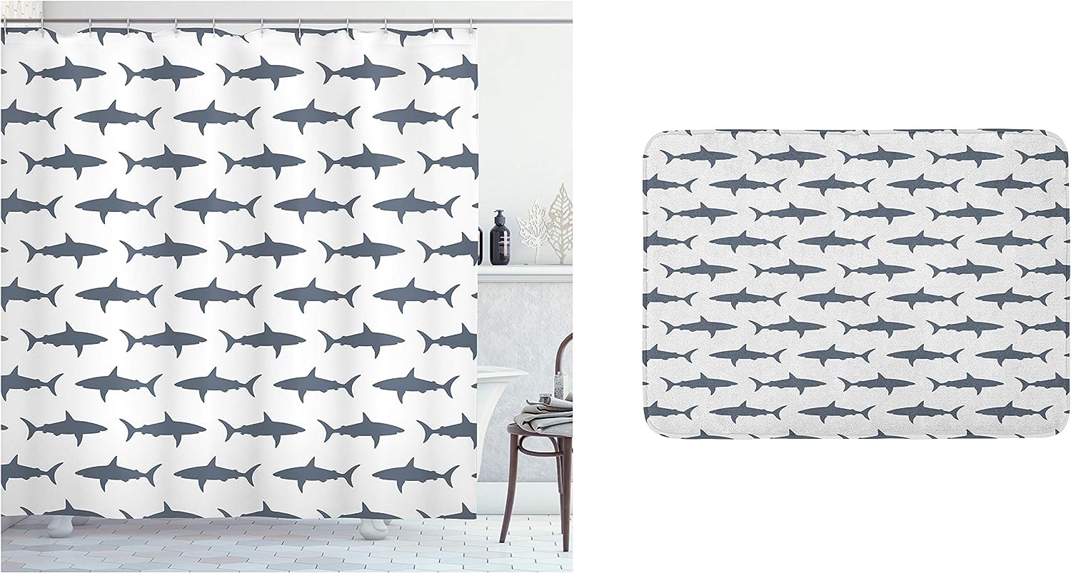 Sea Animals Shower Curtain Bundle, Sharks Silhouette Bathroom Decor, Charcoal Grey White