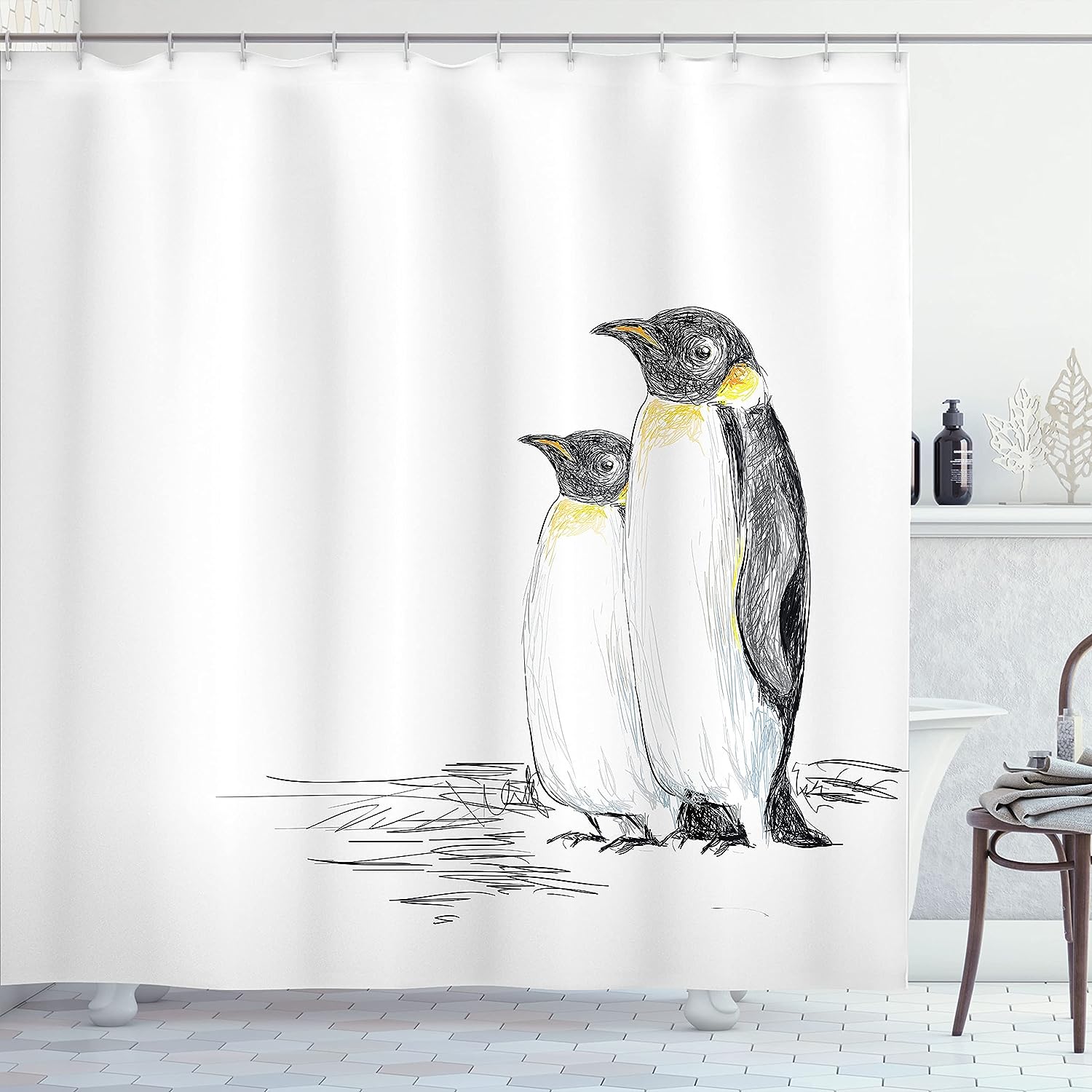 Hand Drawn Penguins Shower Curtain, Aquatic Flightless Birds Cloth Bathroom Decor, Black White