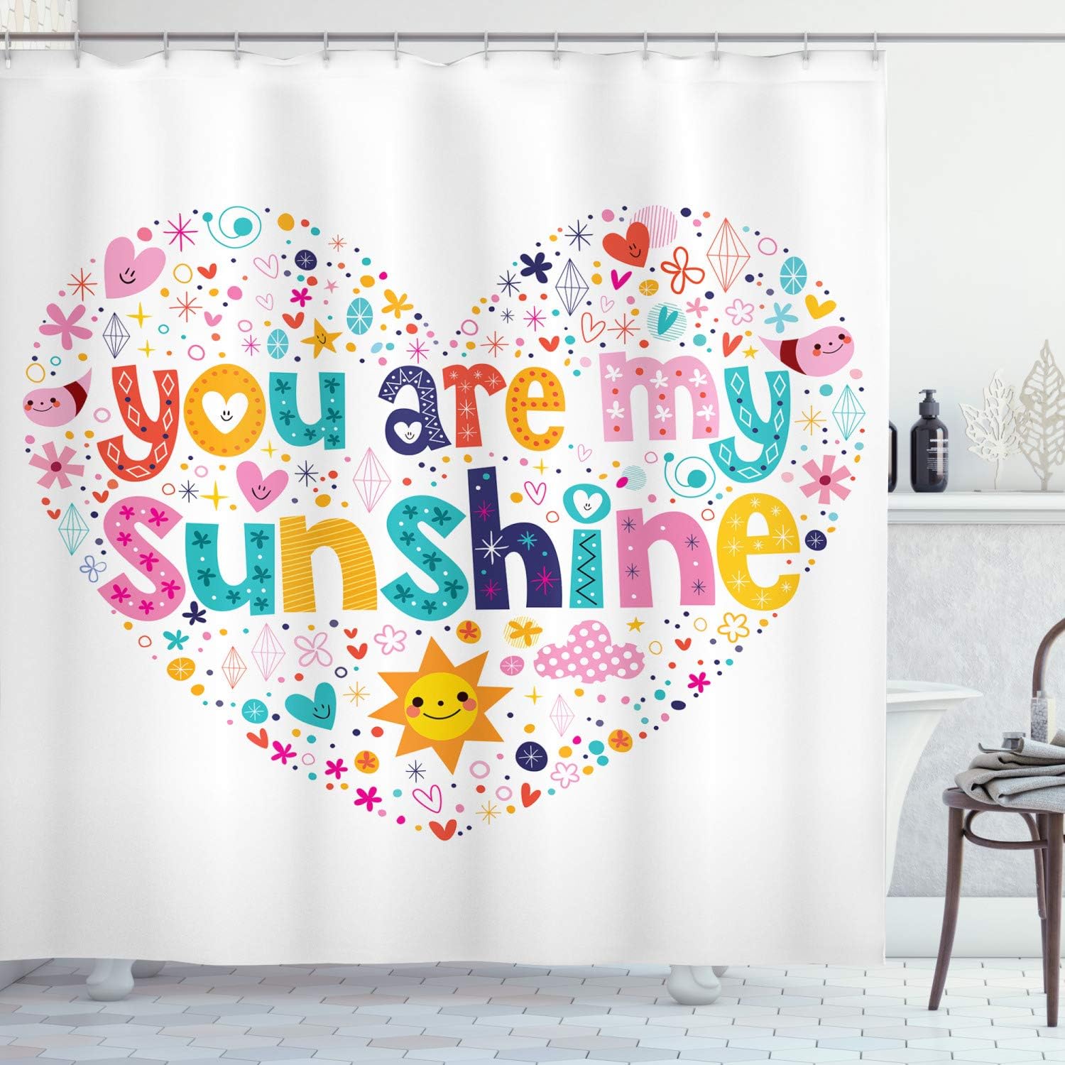 Heart Shaped Sunshine Shower Curtain, Words Stars Circle Sun Cloud Design Cloth Bathroom Decor, Multicolor White