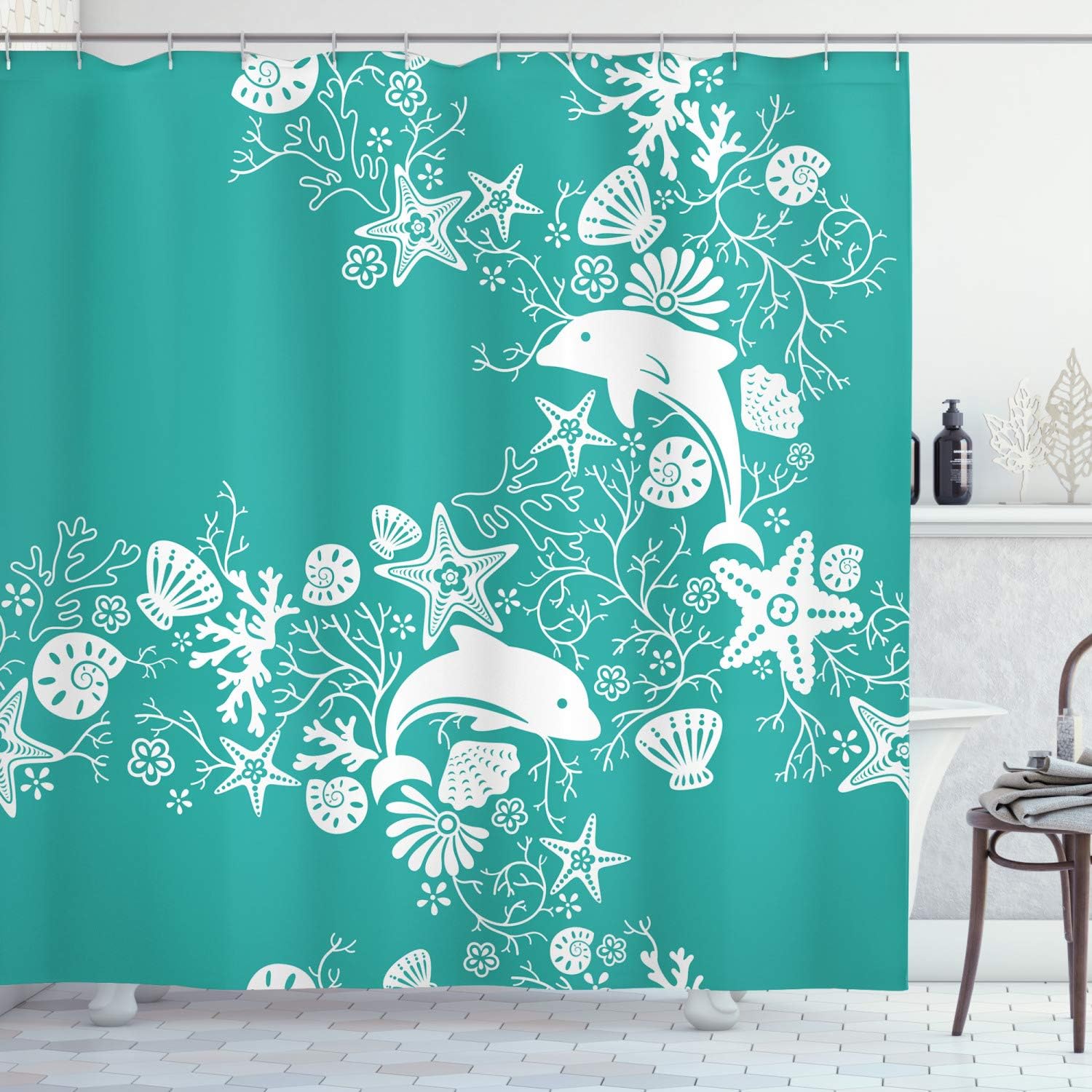 Seashells And Coral Shower Curtain, Dolphins Flowers Starfish Cloth Bathroom Decor, Sea Green White
