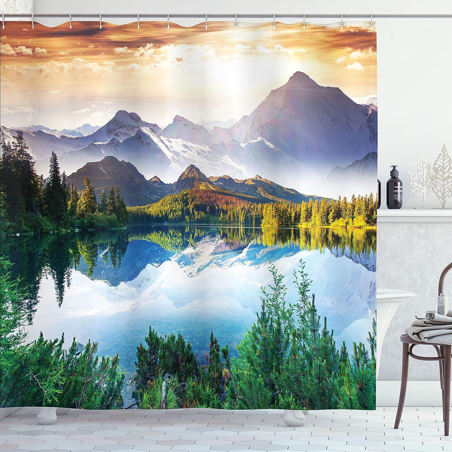 Mountain Lake View Shower Curtain, Sunny Day Nature Art Paintings Fabric Bathroom Decor, Green/Blue/Brown