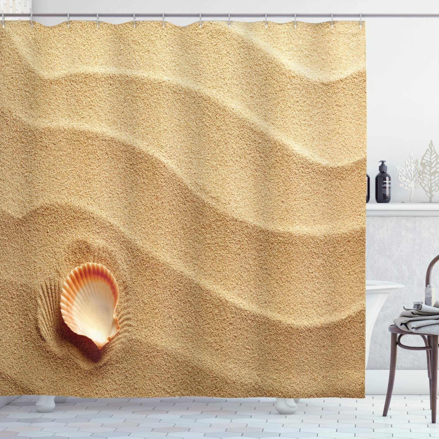 Seashell Beach Art Shower Curtain, Golden Yellow Sand Theme Cloth Bathroom Decor, Sand Brown