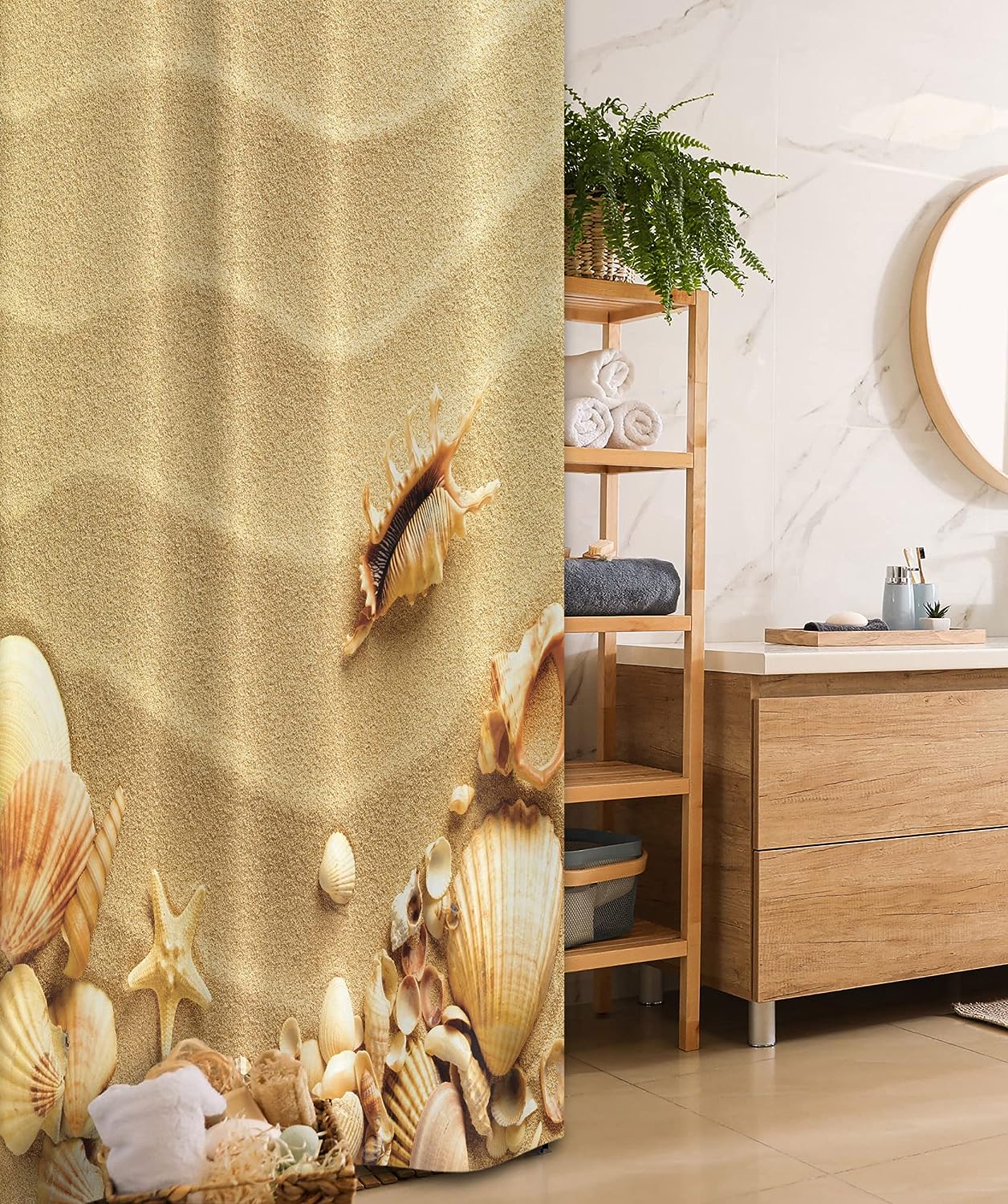 Shells On Wavy Sandy Beach Shower Curtain, Summer Nature Coastal Theme Fabric Bathroom Decor, Sand Brown