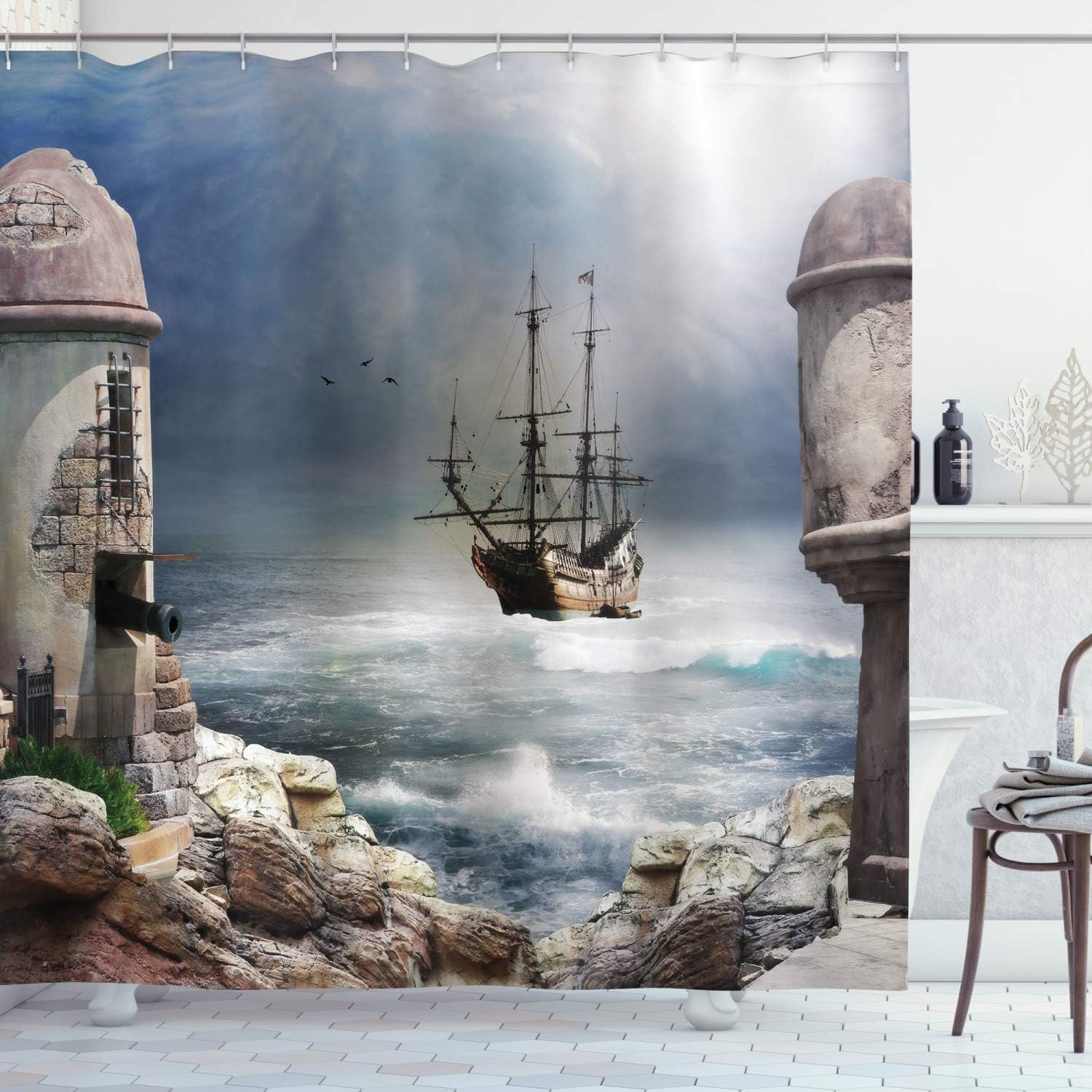 Pirate Ship Shower Curtain, Bay Of Fort Anchored Fabric Bathroom Decor, Pale Muave Beige