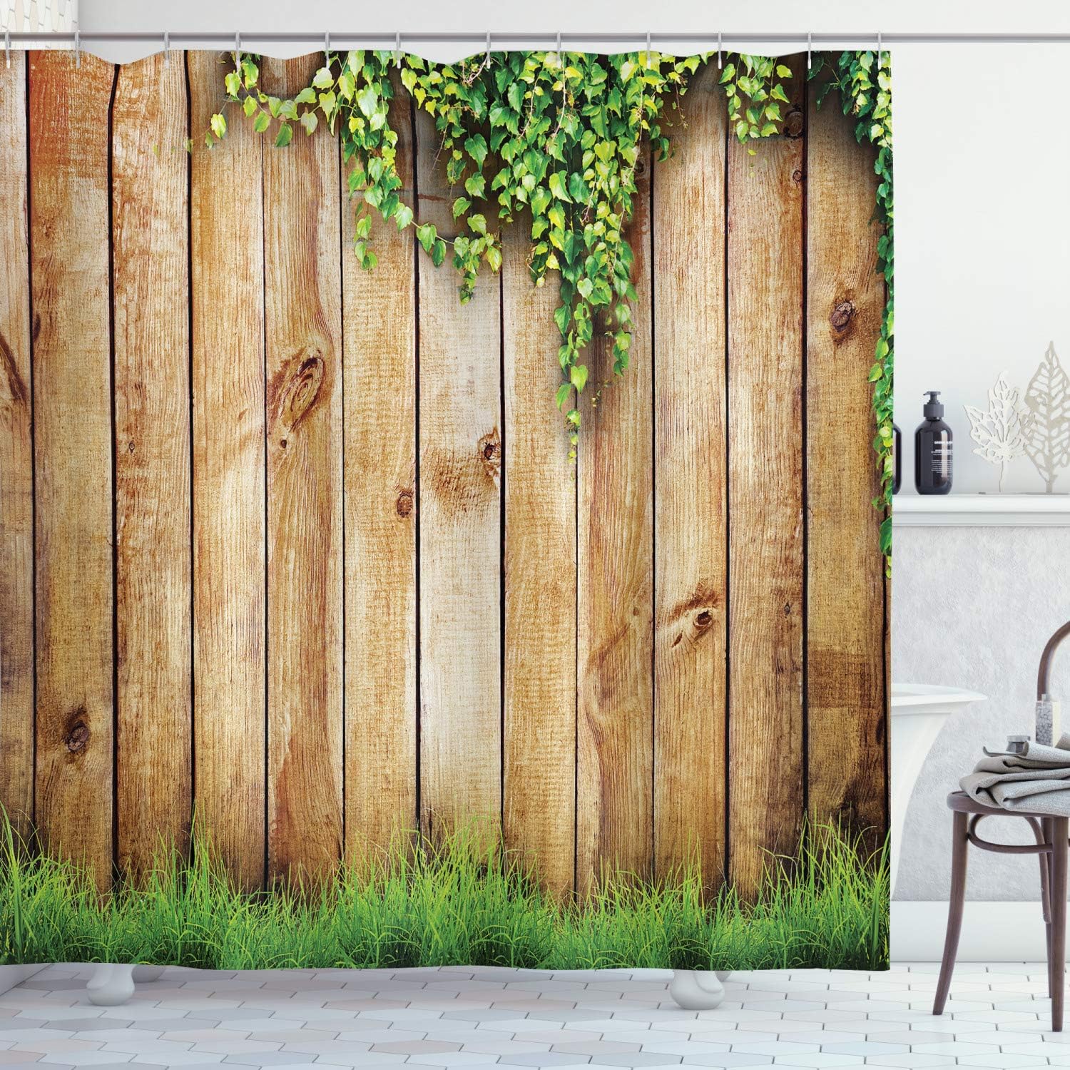 Rustic Garden Fence Shower Curtain, Spring Season Grass Cloth Bathroom Decor, Green Brown