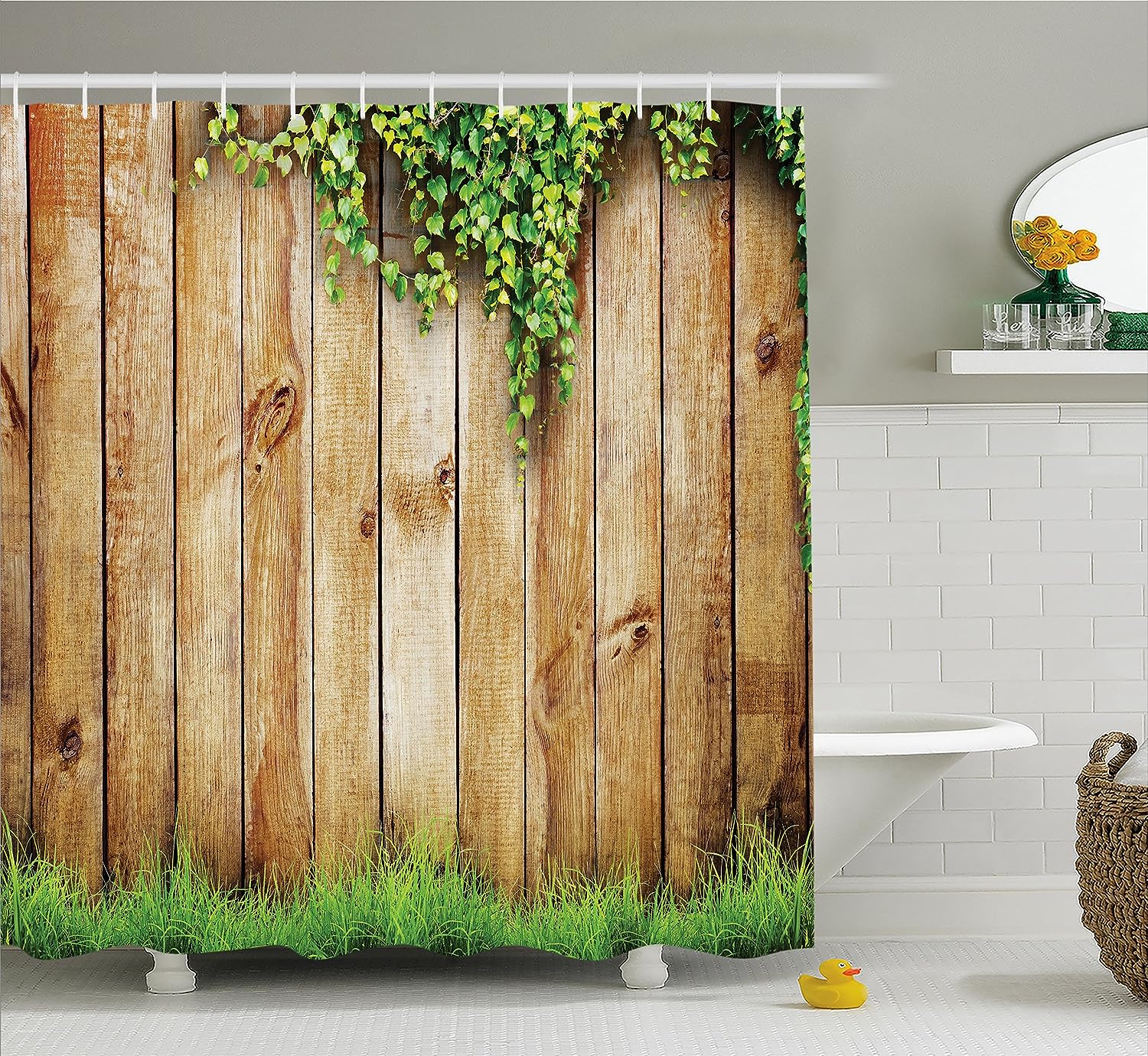 Rustic Garden Fence Shower Curtain, Spring Season Grass Cloth Bathroom Decor, Green Brown