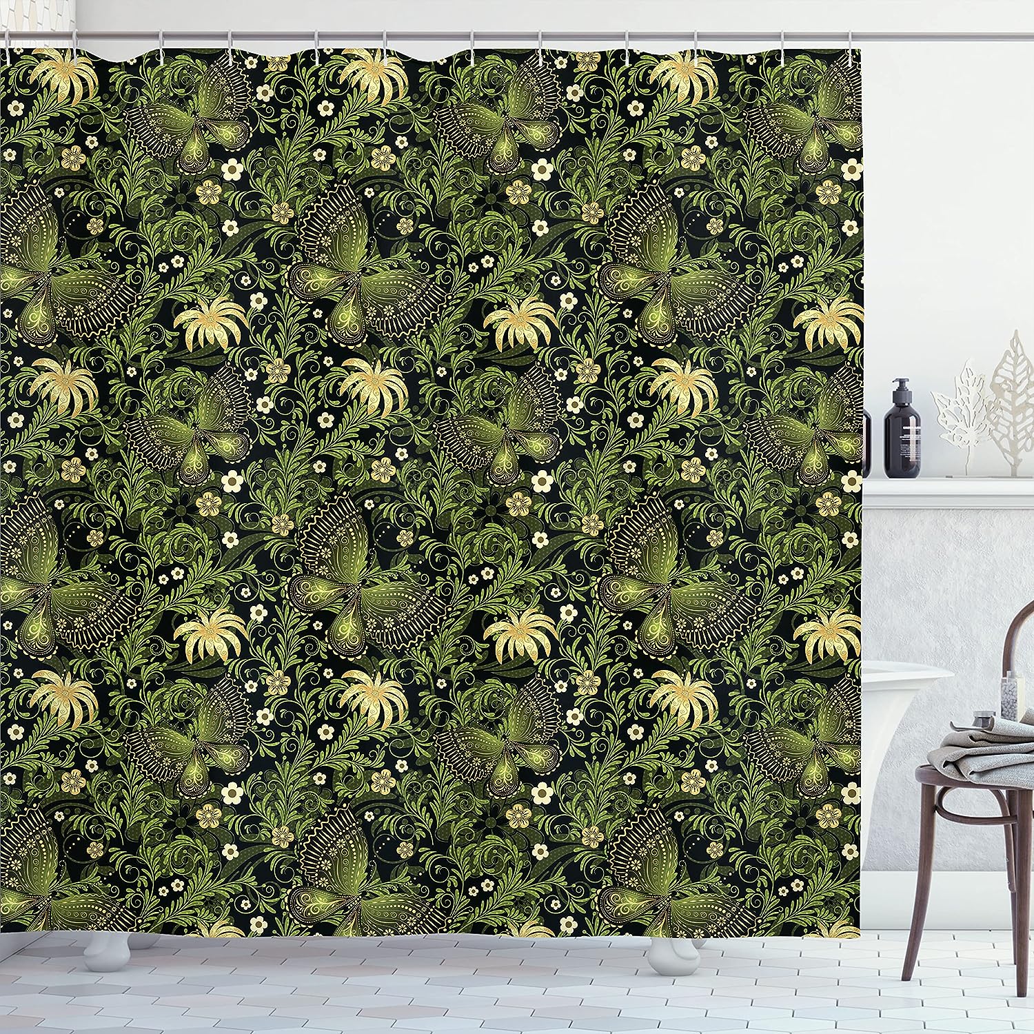 Spring Ornaments Shower Curtain, Butterflies Blossoms Leaves Cloth Bathroom Decor, Yellow Black Green