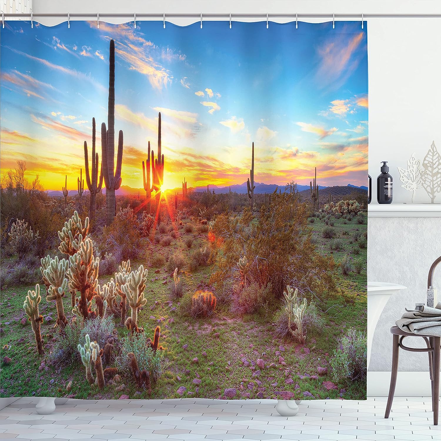 Saguaro Desert Scene Shower Curtain, Wildflowers Cloth Bathroom Decor, Multicolor