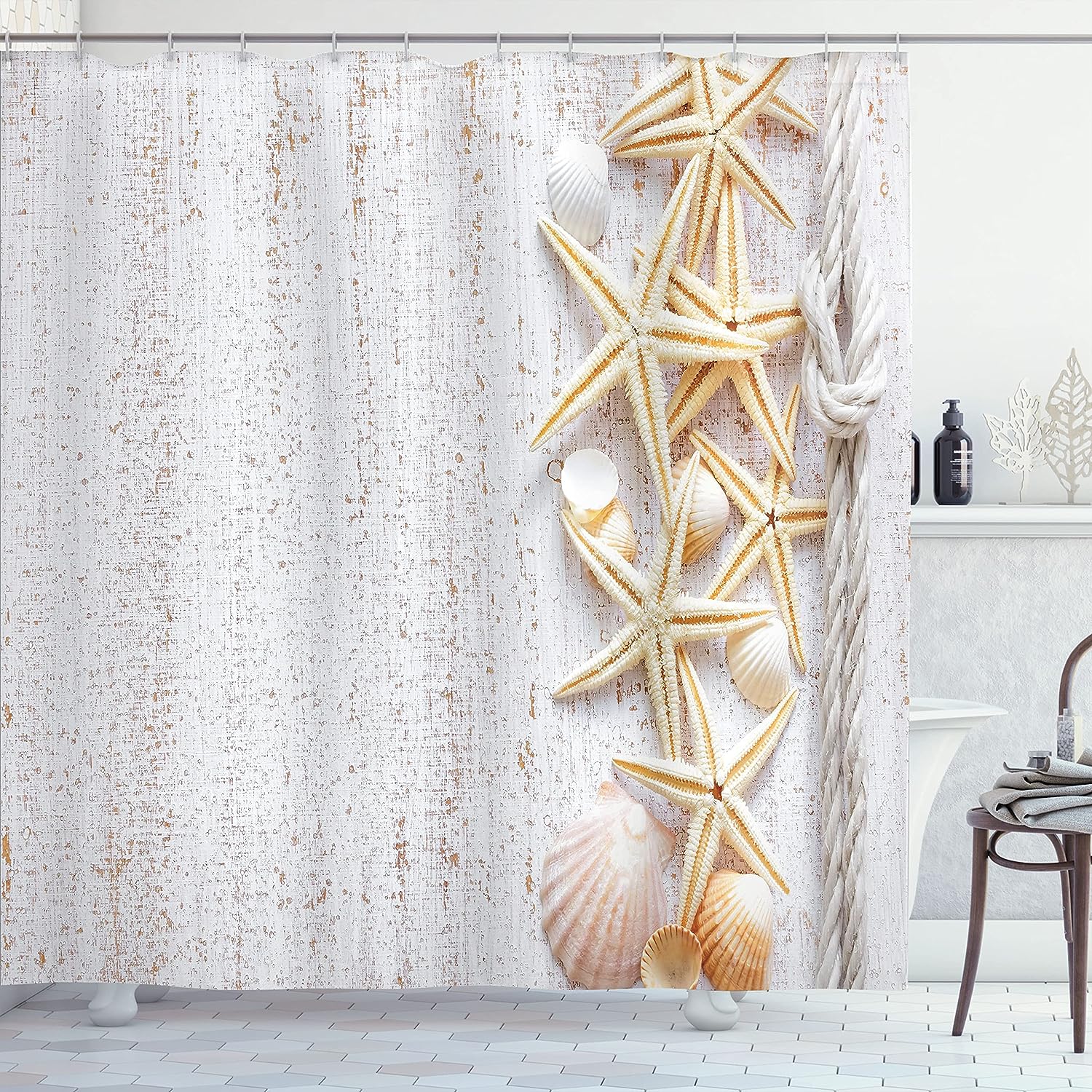 Starfish Seashells Shower Curtain, Wood Surface Ocean Beach Nautical Print Cloth Bathroom Decor, Ivory