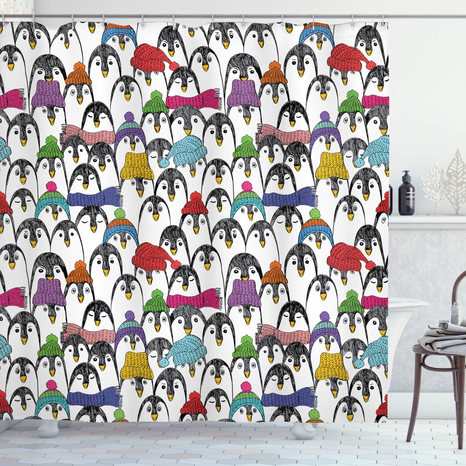 Penguin Winter Fun Shower Curtain, Colorful Hats Scarfs Cloth Bathroom Decor, Black Yellow