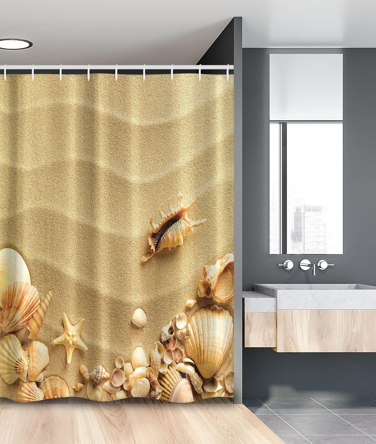 Seashells On Sandy Beach Shower Curtain, Starfish Summer Nature Cloth Bathroom Decor, Sand Brown