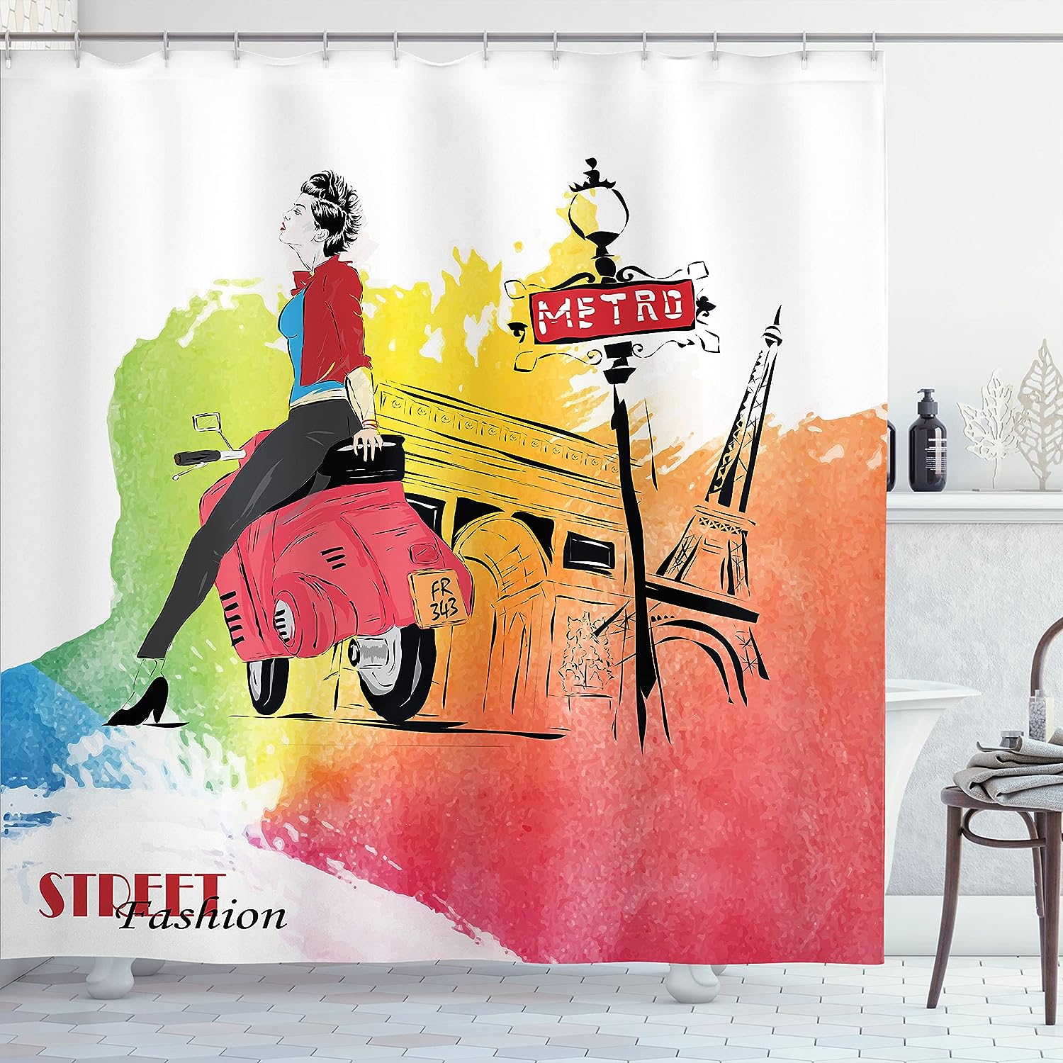 Retro Fashionable Woman On A Motorcycle Paris Shower Curtain Bathroom Decor