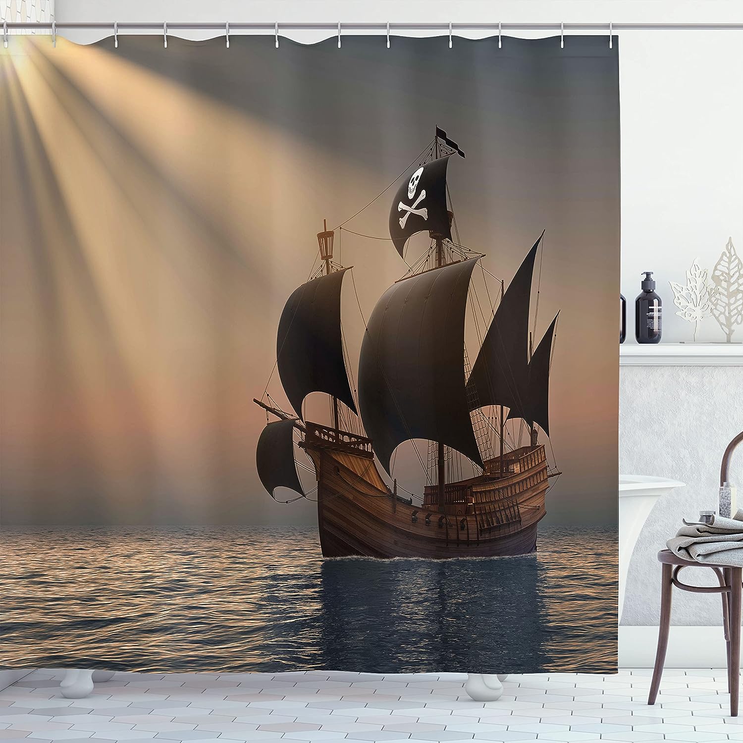 Floating Pirate Ship In Ocean Shower Curtain Bathroom Decor