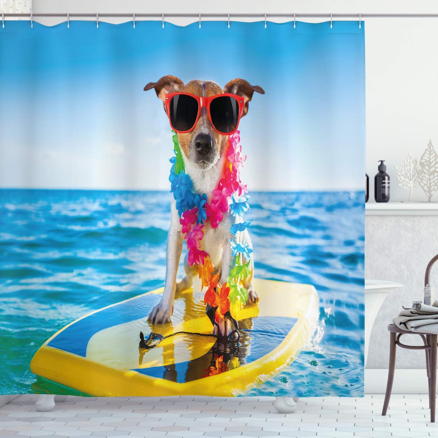 Coastal Animal Surfing Dog Shower Curtain With Comic Picture Bathroom Decor
