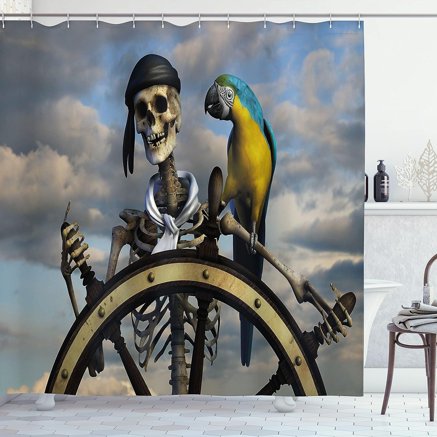 Skeleton Corsair Captain On Steering Wheel Pirate Shower Curtain Bathroom Decor