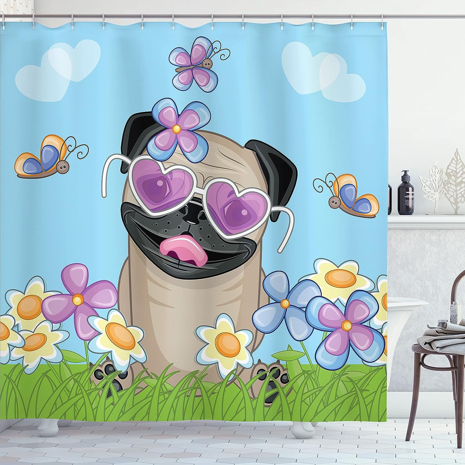 Cute Puppy On Field Pug Shower Curtain With Flower Print Bathroom Decor