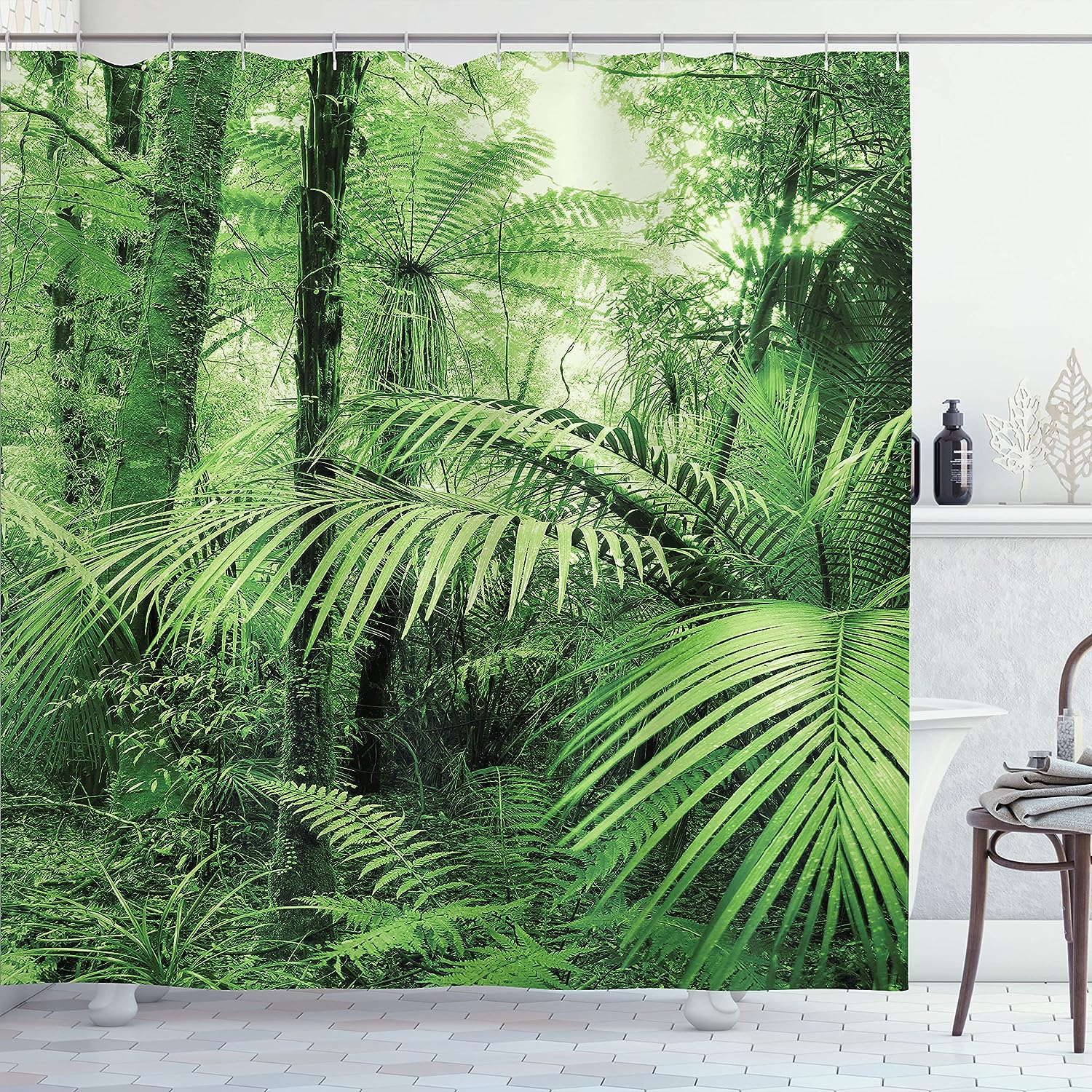 Exotic Tropical Jungle Rainforest Shower Curtain With Palm Trees And Plants Print Bathroom Decor