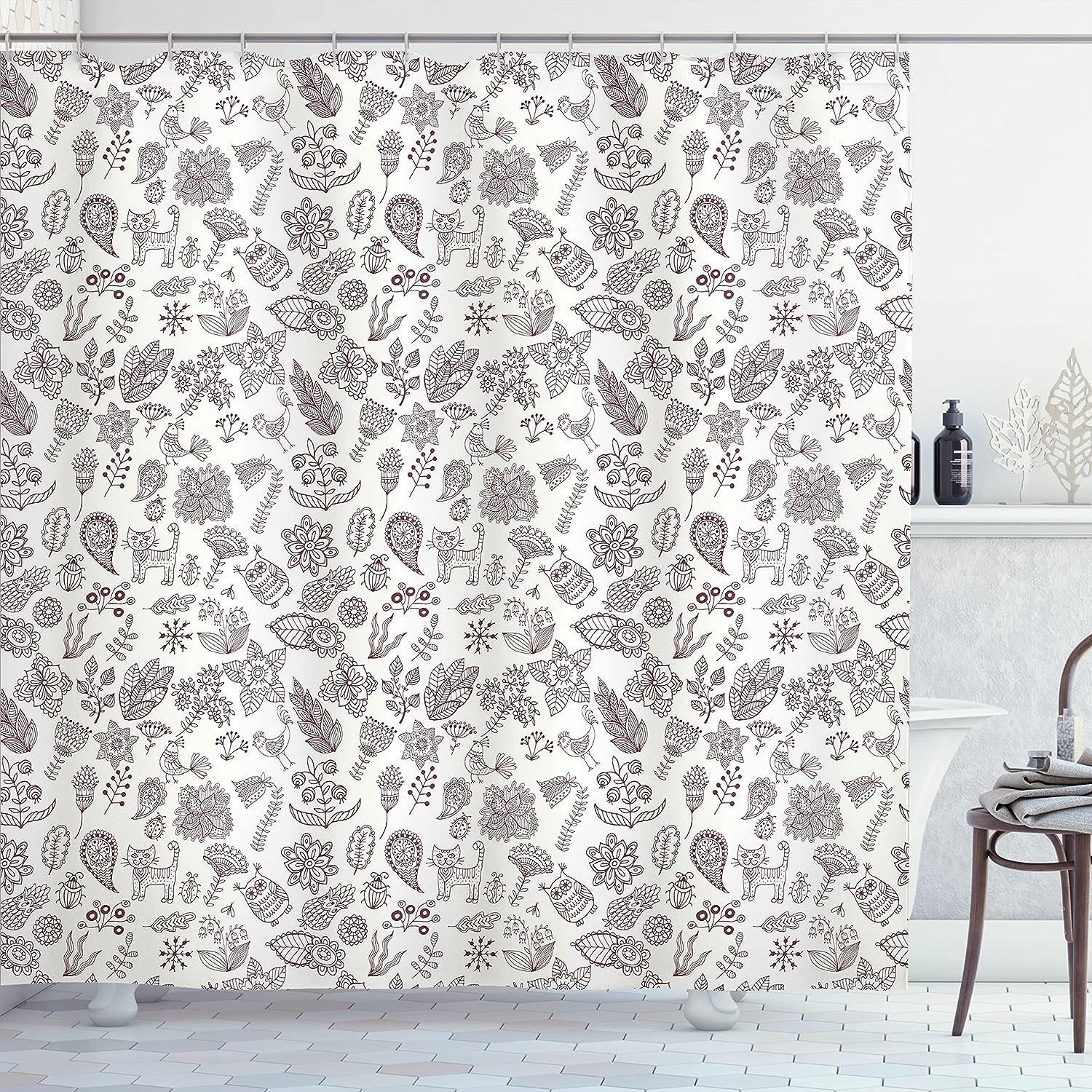 Nature Themed Doodle Art Playroom Shower Curtain With Animals Print Bathroom Decor