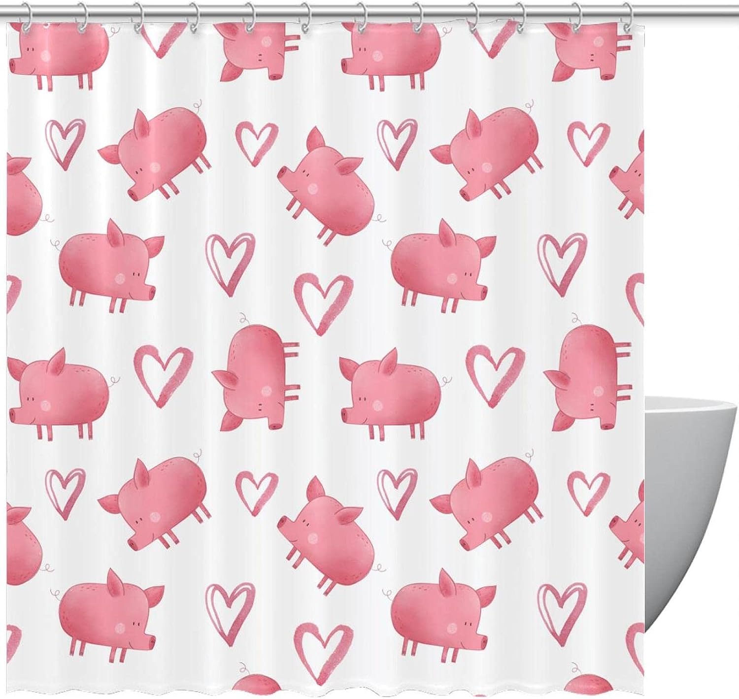 Pink Pig Love Heart Pattern Shower Curtain Art Cute Animal Bathroom Decor