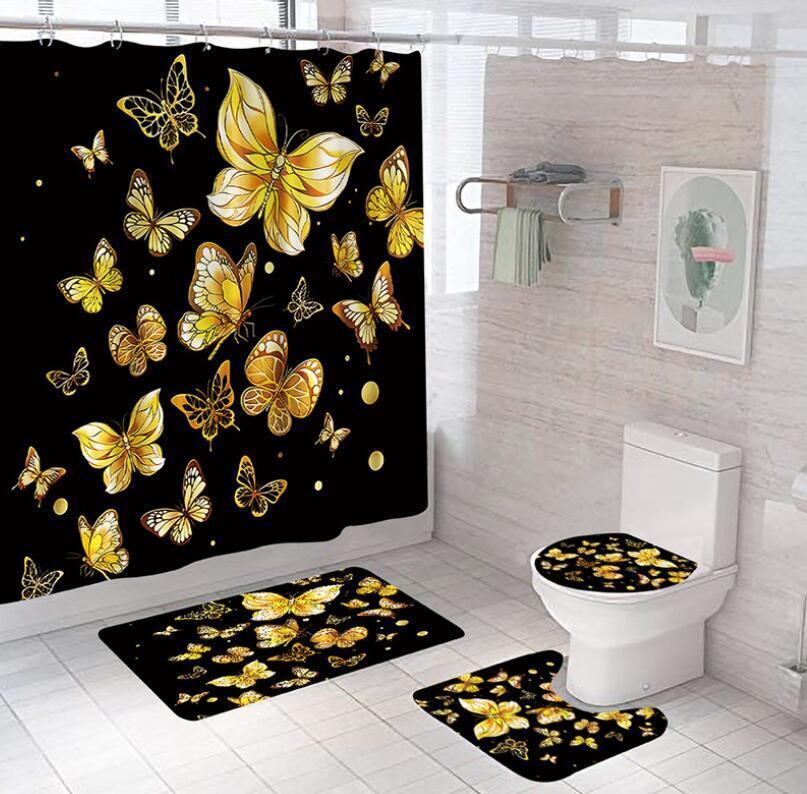 Butterfly Insect Shower Curtain Art Gold Print Bathroom Decor