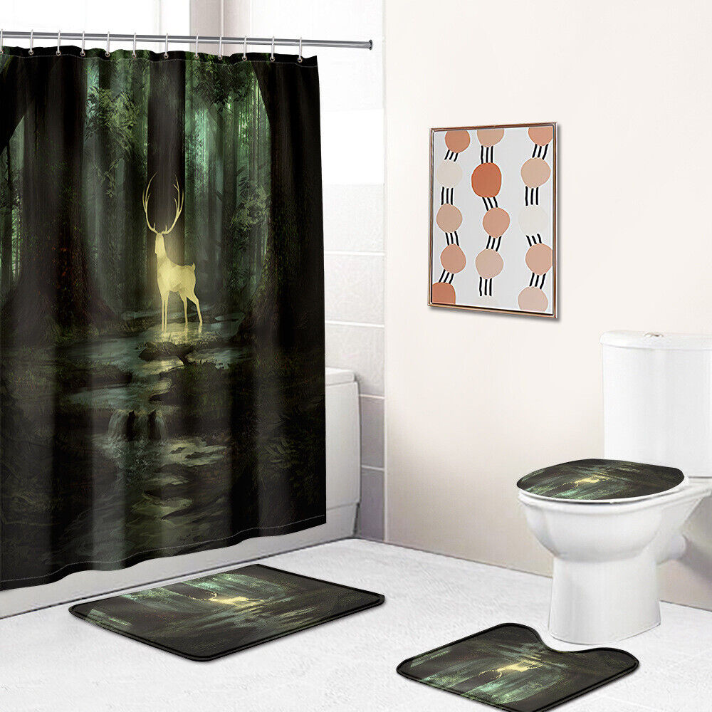 Elk Deer River Forest Trees Shower Curtain Art For Rustic Bathroom Decor