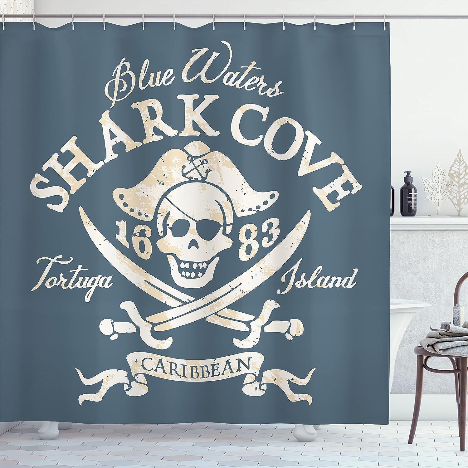 Retro Pirate Cove Shower Curtain With Grunge Look Bathroom Decor