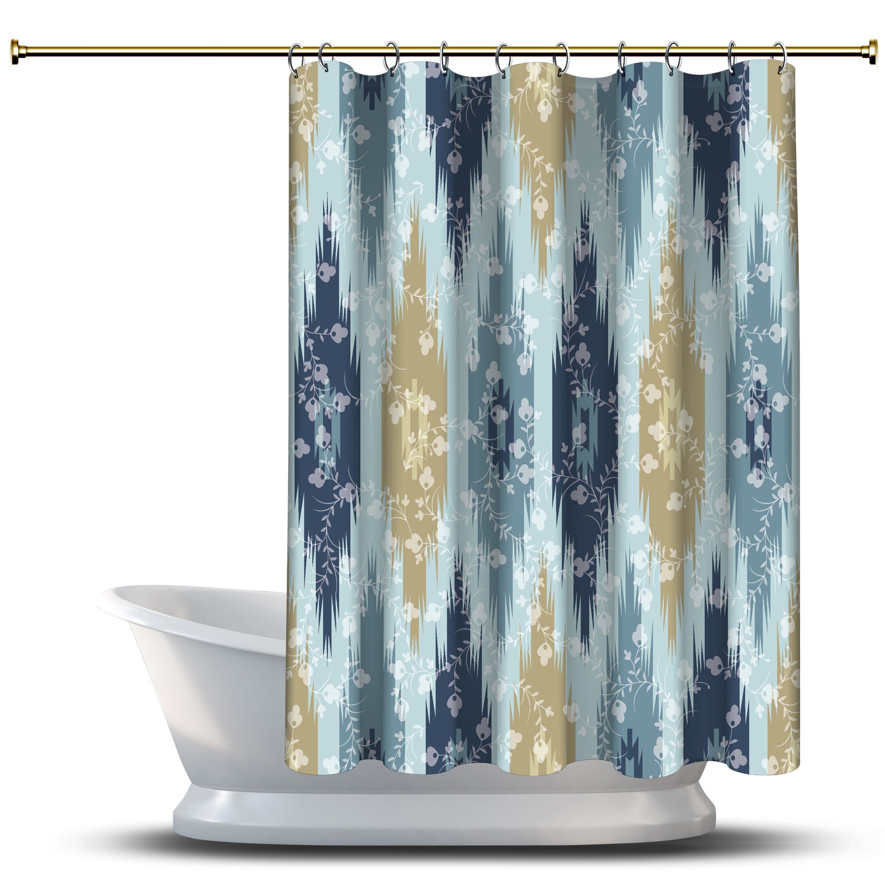 Floral Tribal Blue Pattern Shower Curtain Geometric Art Waterproof Bathroom Decorations