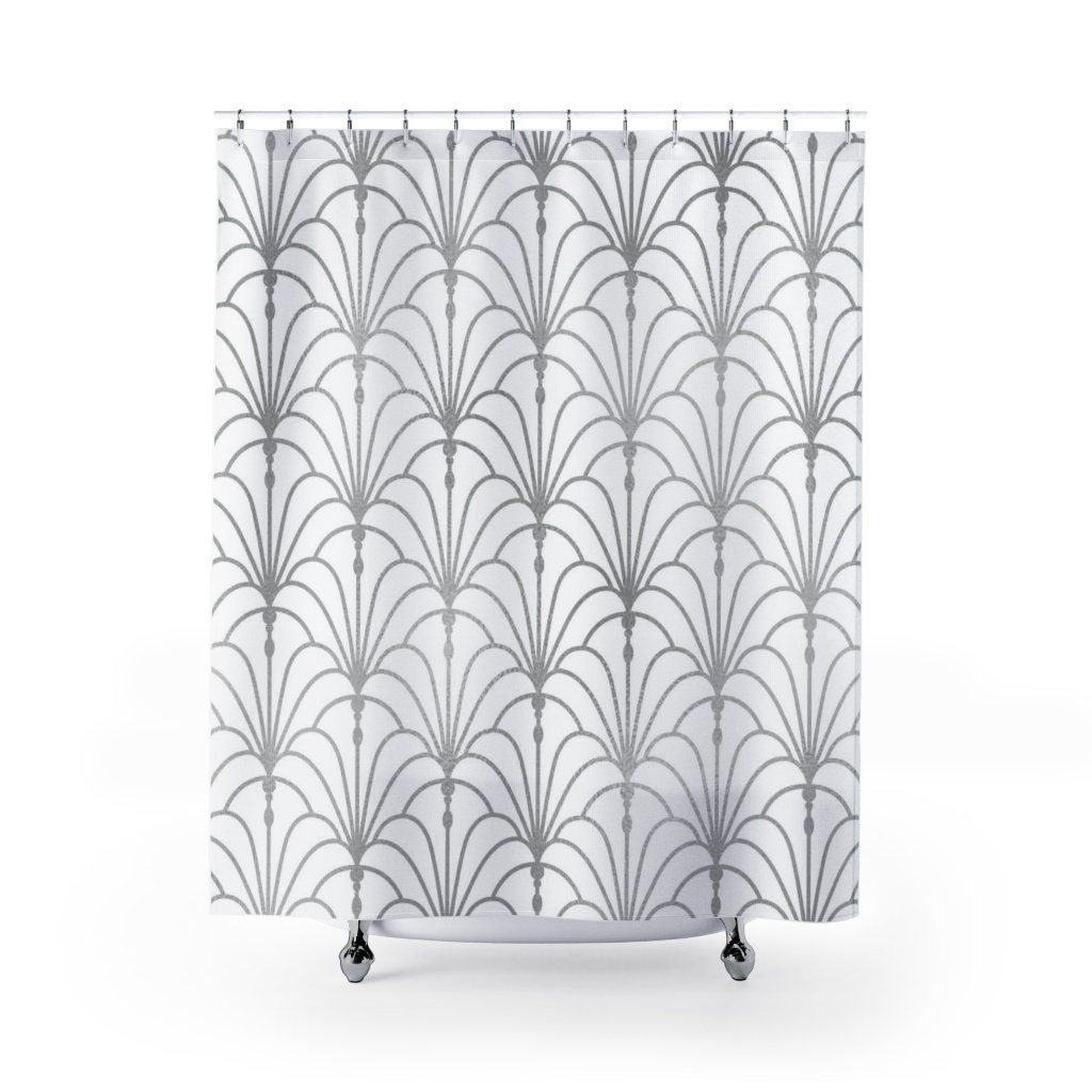 Peacock Fan Pattern Shower Curtain Abstract Art Deco Chic Modern Bathroom Accessory In White And Silver