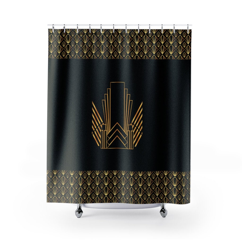 Japanese Style Geometrical Shower Curtain Art Deco Black And Yellow Bathroom Decor