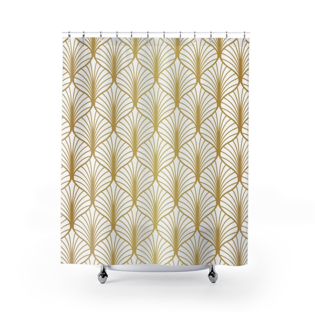 Peacock Fan Pattern Shower Curtain Abstract Art Deco Chic Modern Bathroom Accessory In White And Gold