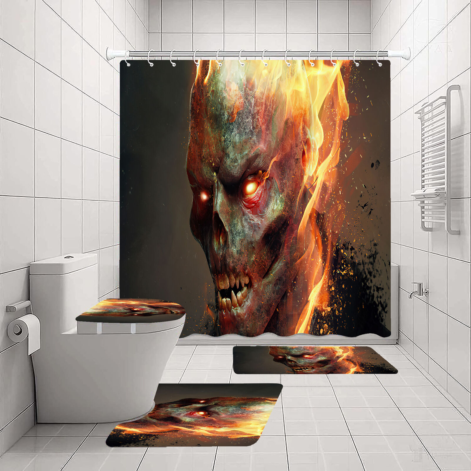 Flame Demon Skull Print Shower Curtain Art Horror Bathroom Decor