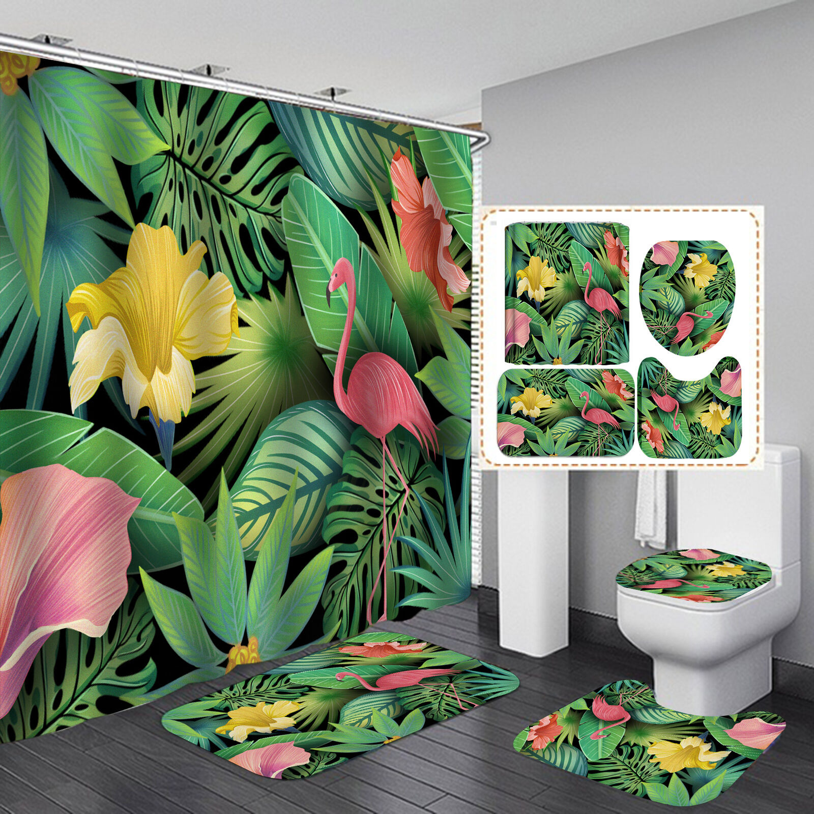 Flower Palm Leaves Flamingo Shower Curtain Art For Tropical Bathroom Decor