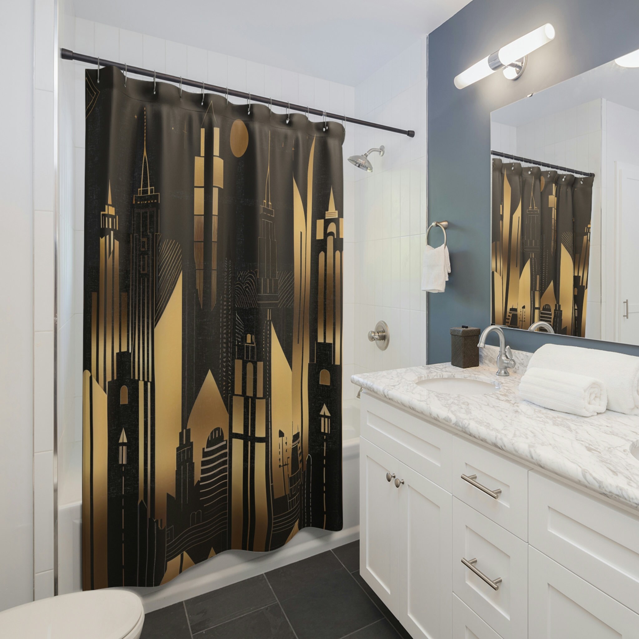Geometric Tiled City Skyline Shower Curtain Black And Gold Art Deco Bathroom Decor