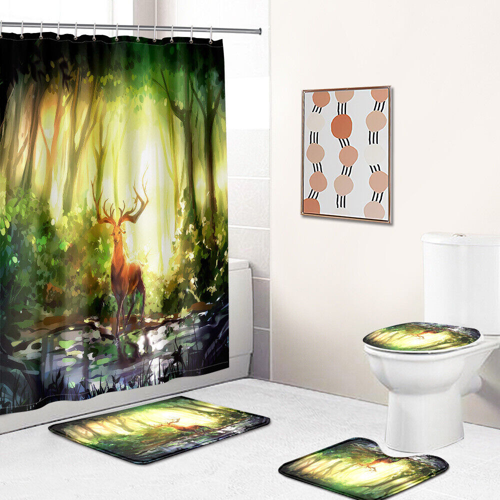 Cartoon Forest Elk Deer Shower Curtain Art For Rustic Bathroom Decor
