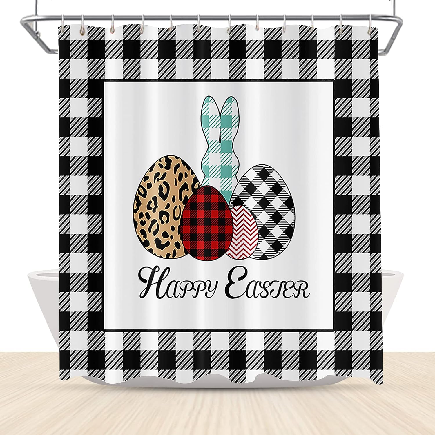 Easter Bunny Plaid Shower Curtain Happy Easter Farmhouse Bathroom Curtain For Kids With Eggs