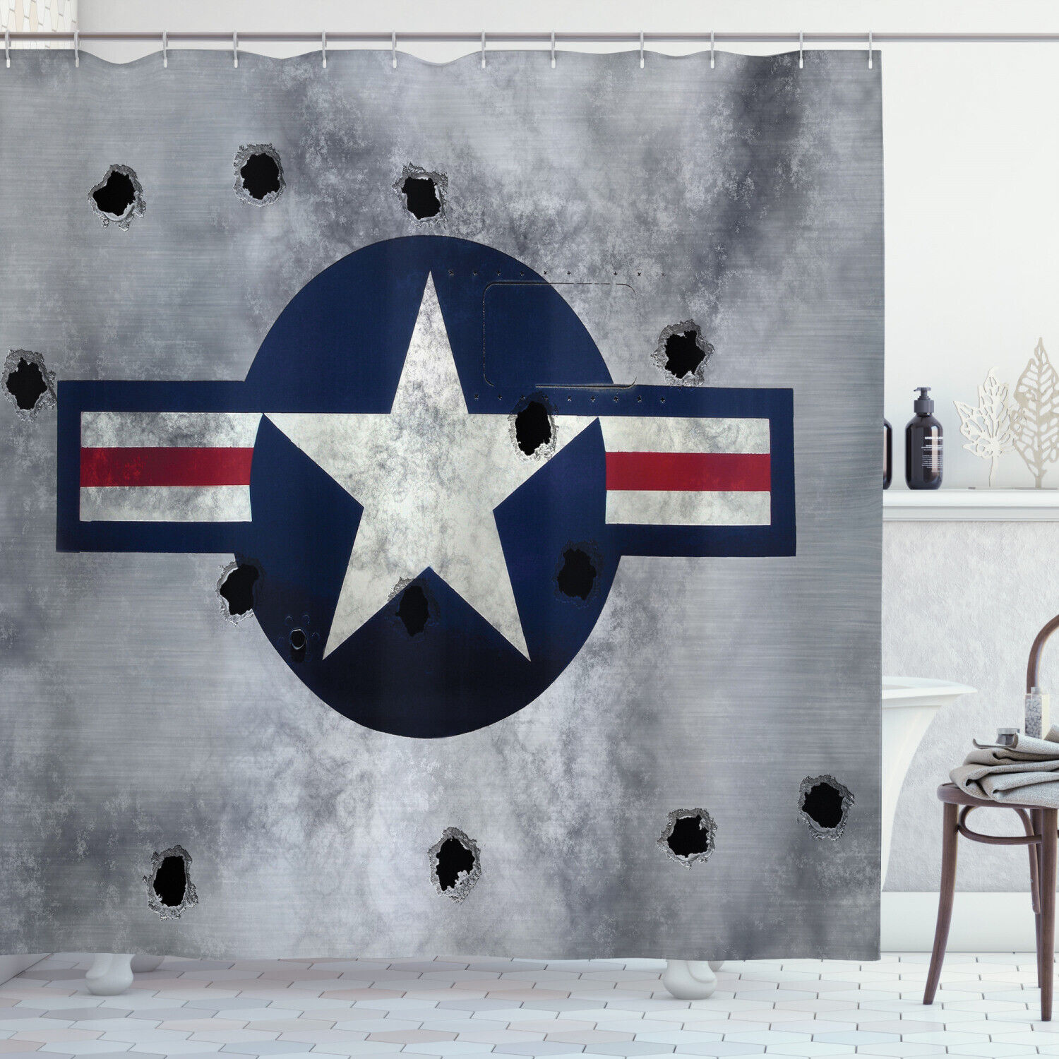 Show Your Love For Aircraft Artprint With Army Logo Usaf Grunge Metal Bullet Holes Shower Curtain