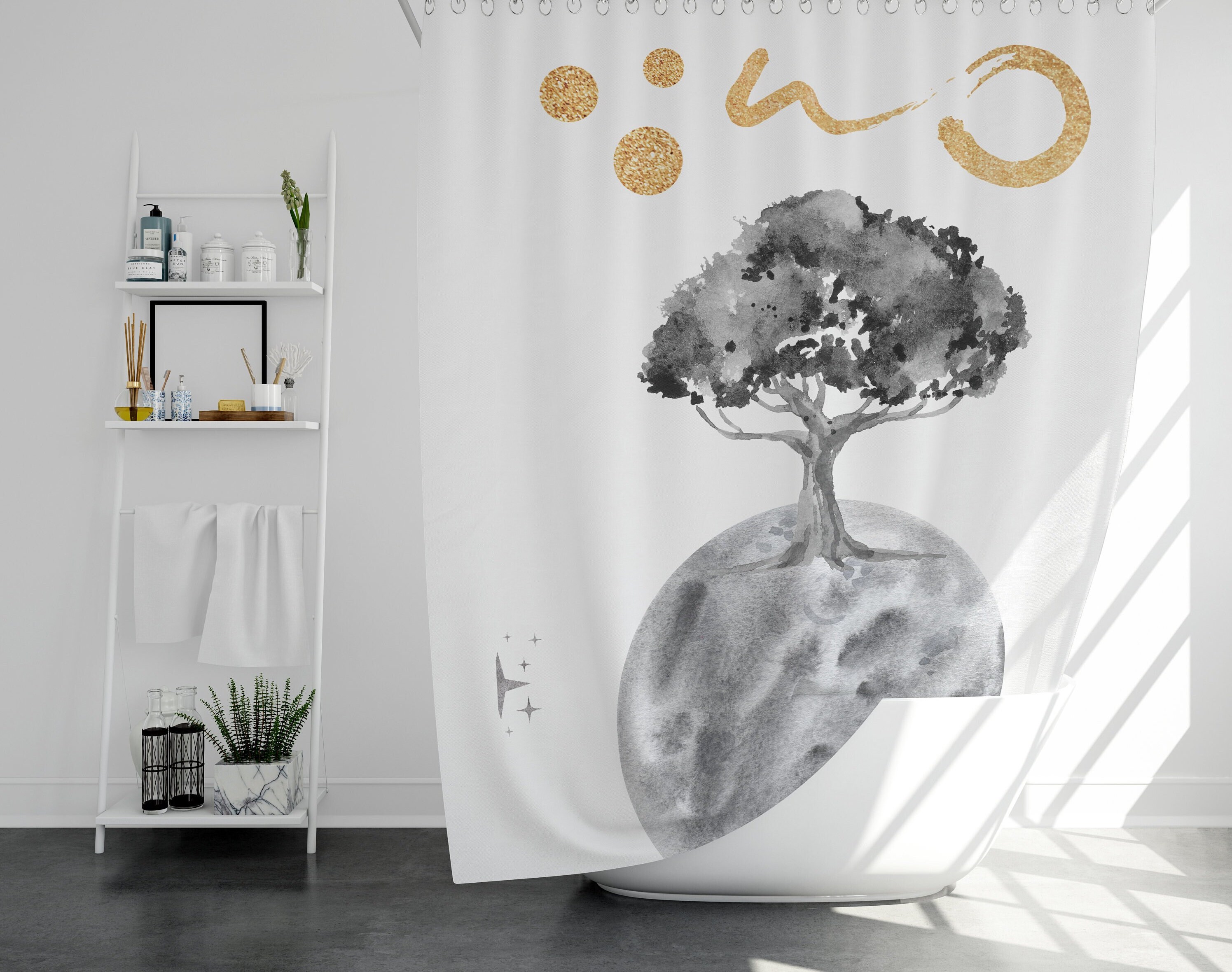 Minimalistic Moon And Tree Shower Curtain Grey Bathroom Decor Gift