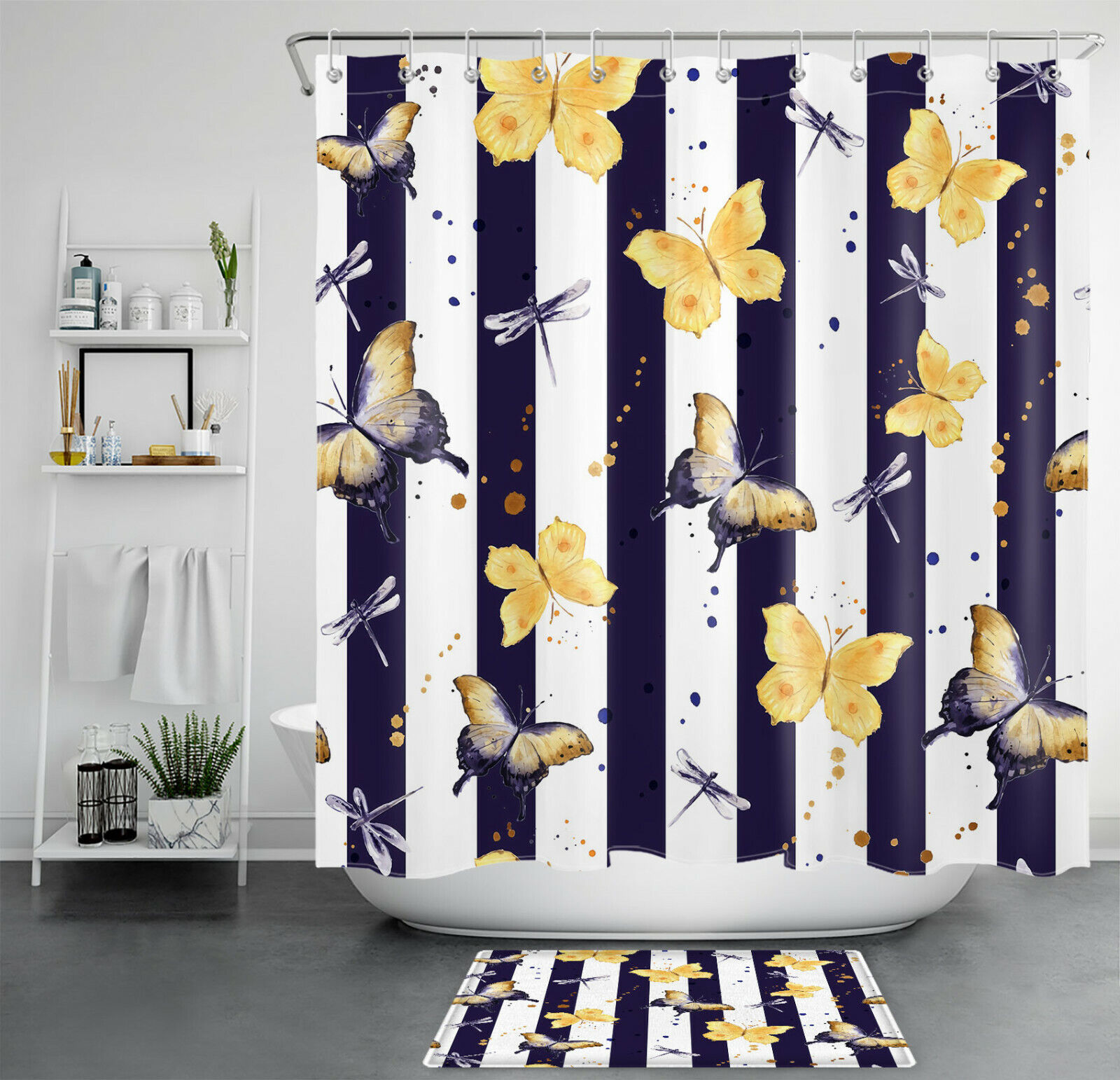 Dragonfly Butterfly Shower Curtain Abstract Modern Bathroom Decor