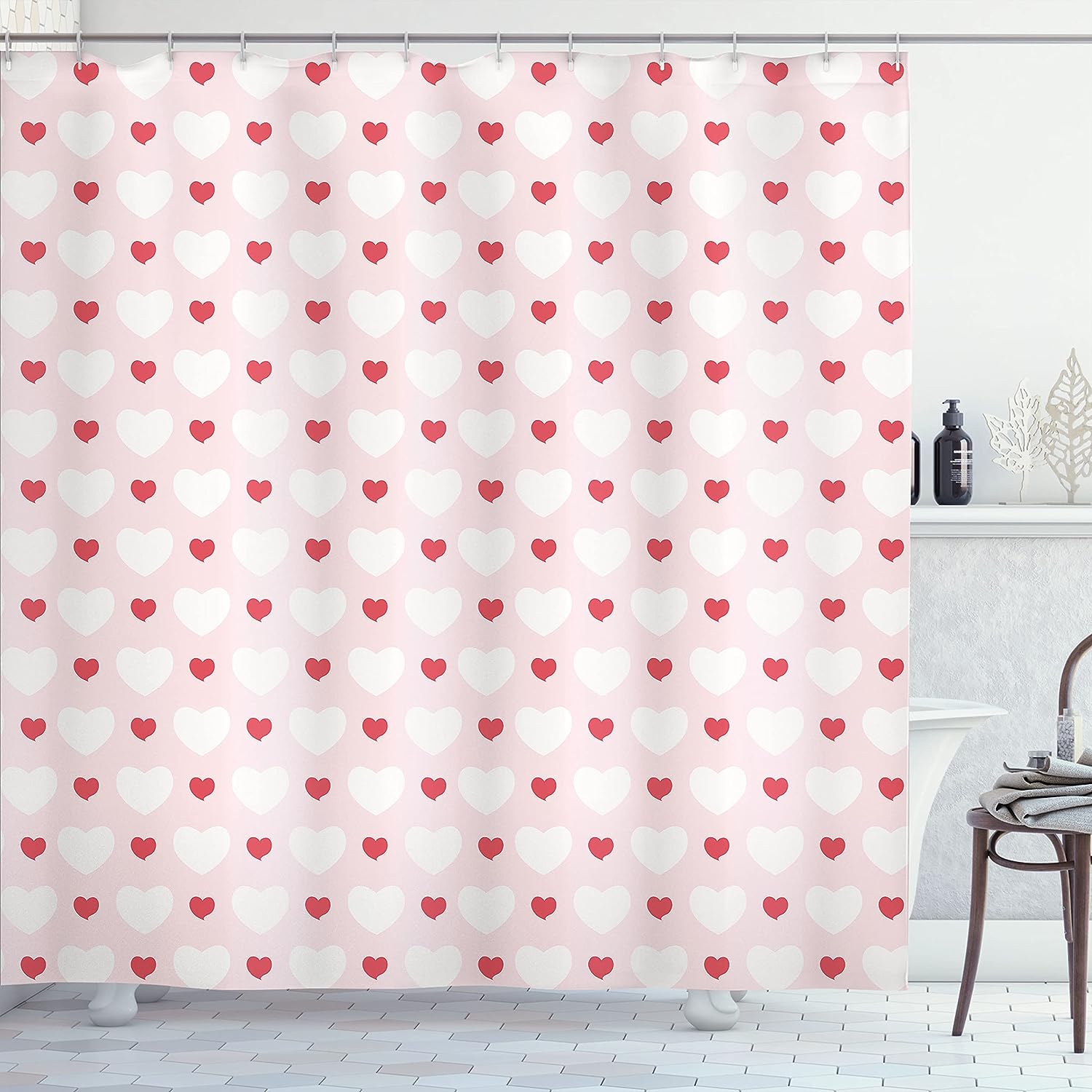 Feminine Small Heart Love Shower Curtain In Pale Pink Fabric For Bathroom Decor