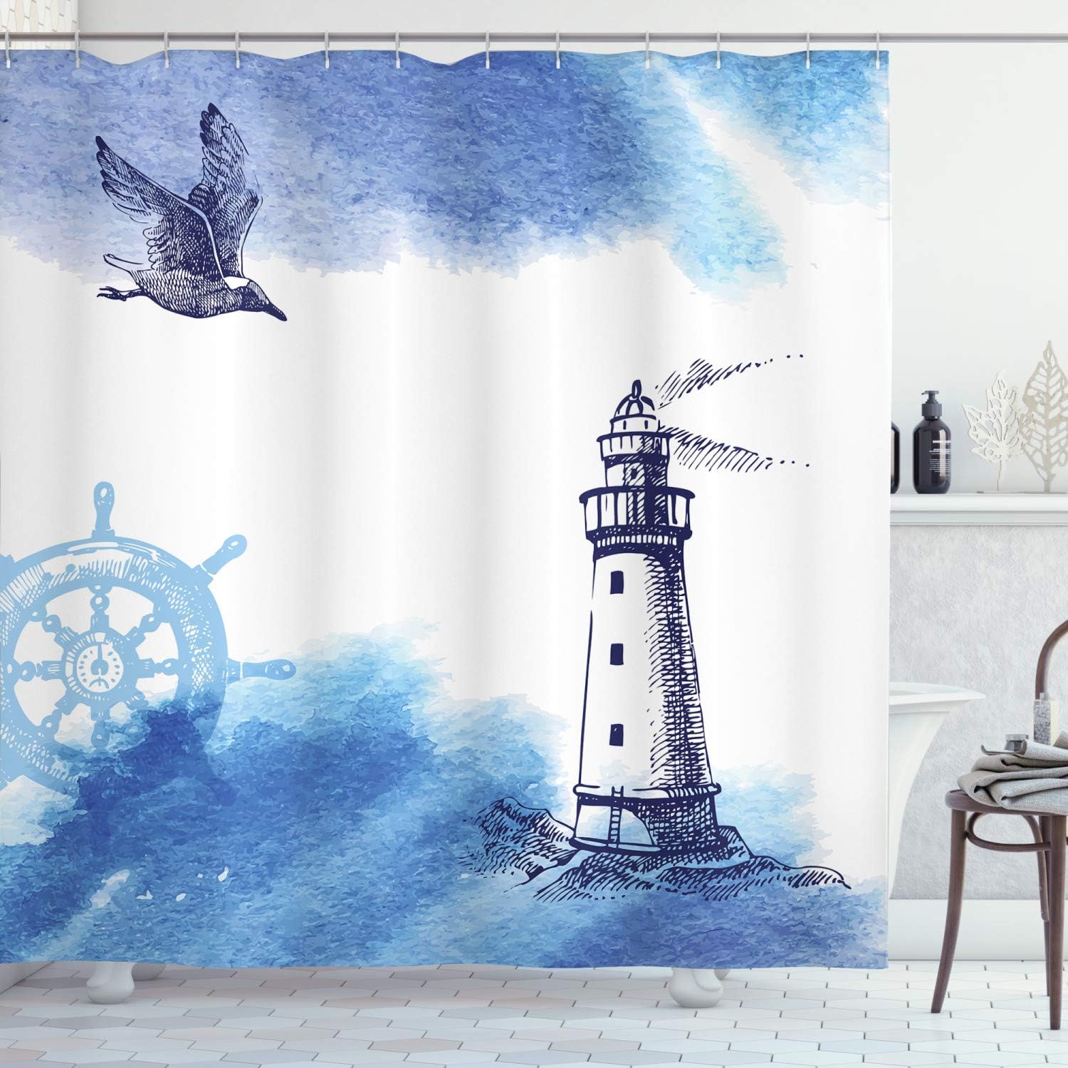 Nautical Lighthouse Shower Curtain, Watercolors Gull Anchor Tower Cloth Fabric Bathroom Decor, Home Decor Blue/White