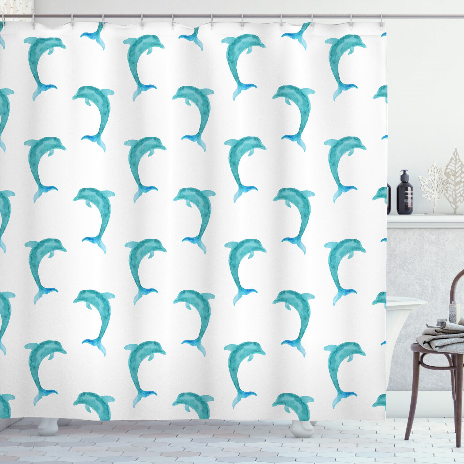 Dolphin Mammals Jumping Shower Curtain Ocean Animal Bathroom Decor Print