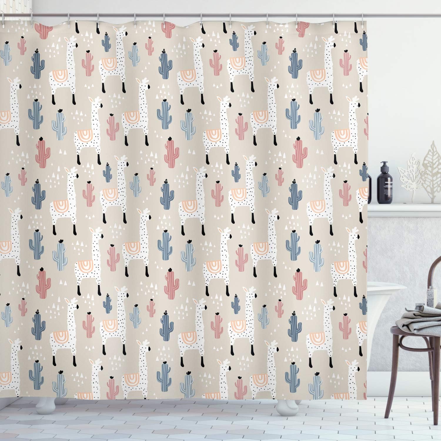 South American Llama Cactus Shower Curtain, Hand Drawn Elements Pattern Cloth Fabric Bathroom Decor, Home Decor Eggshell Blue