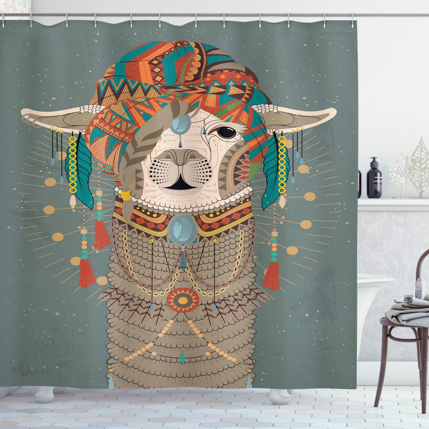 Colorful Llama Headwear Shower Curtain, Accessories Earrings Necklace Animal Cloth Fabric Bathroom Decor, Home Decor Grey/Teal/Orange