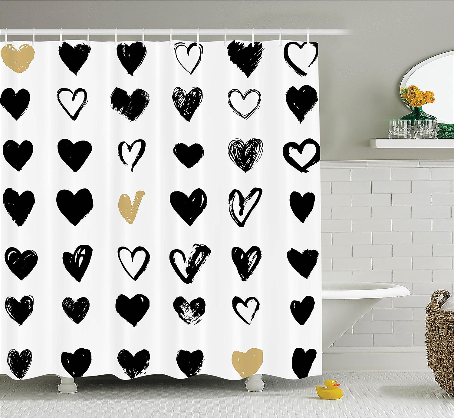 Hipster Black And White Love Shower Curtain With Small Heart Design For A Trendy Bathroom Decor