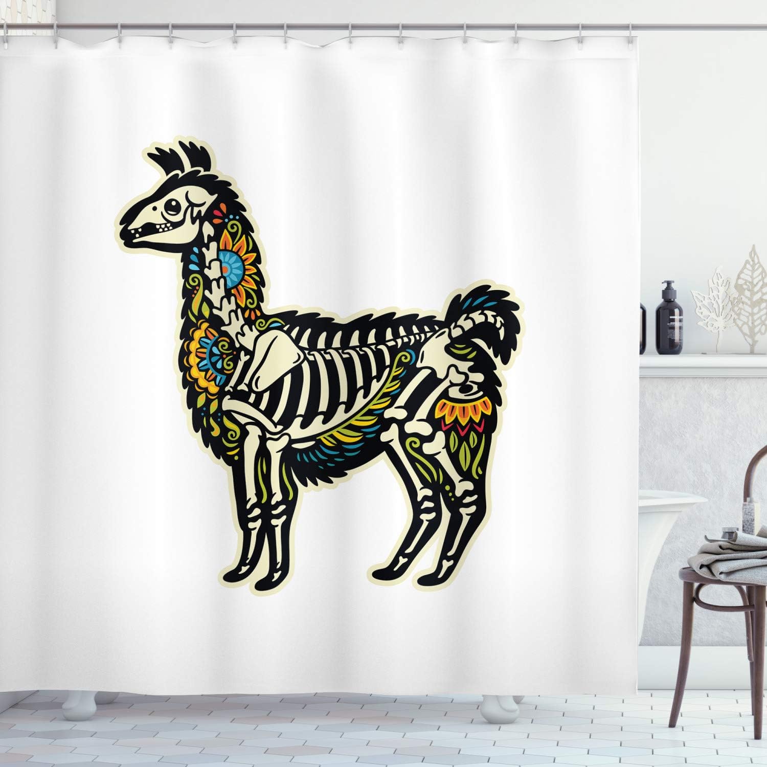 Sugar Skull Alpaca Shower Curtain, Colorful Floral Details Day Of The Dead Cloth Fabric Bathroom Decor, Home Decor