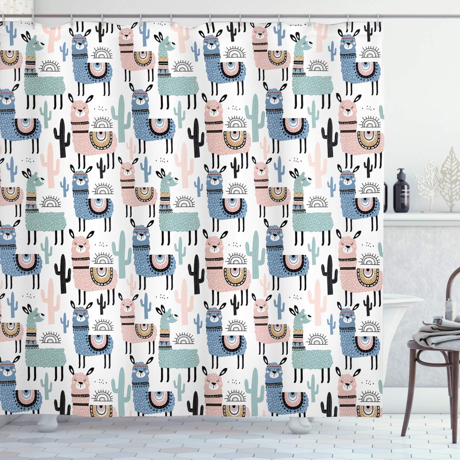 Cartoon Llamas Shower Curtain, South American Animals Hand Drawn Design Cloth Fabric Bathroom Decor, Home Decor Blush/Blue
