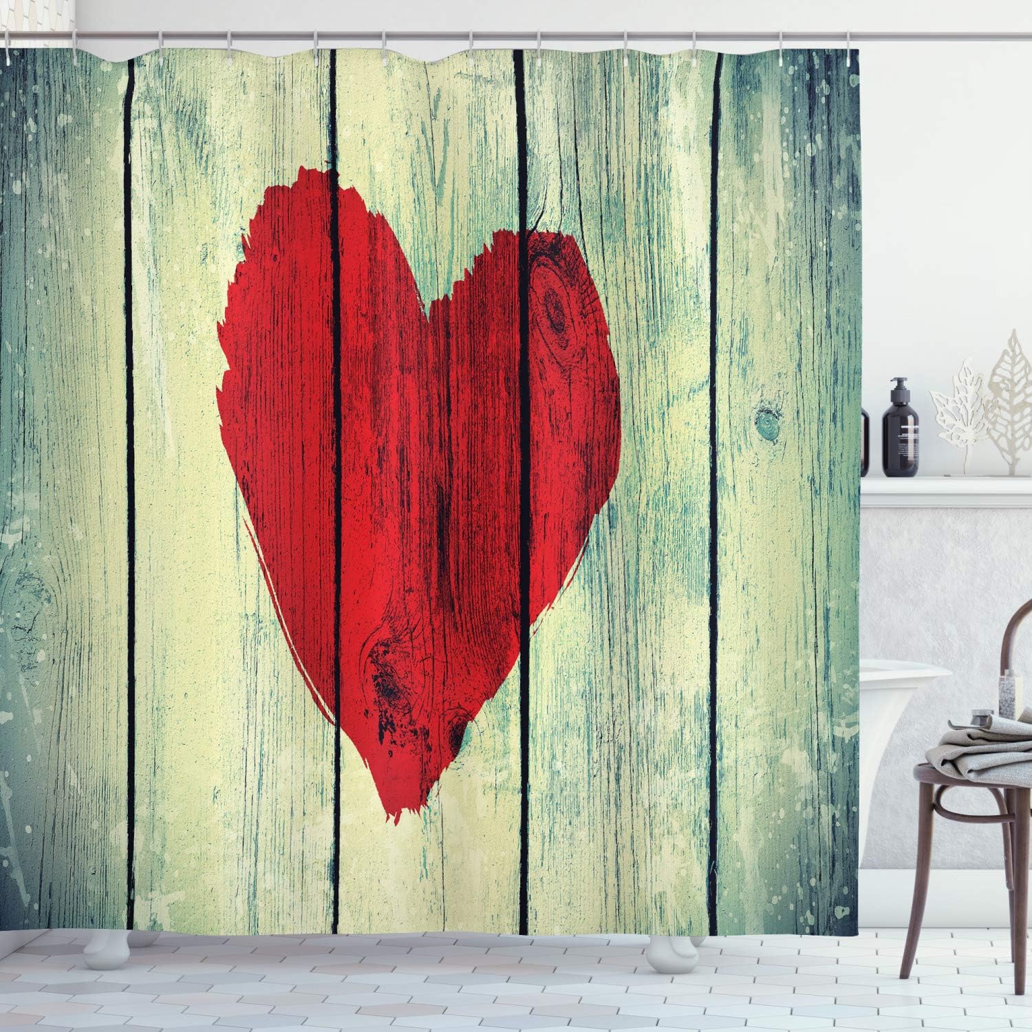 Rustic Heart Shower Curtain, Wooden Wall Romance Affection Pleasure Print Cloth Fabric Bathroom Decor, Home Decor Red/Pale Green