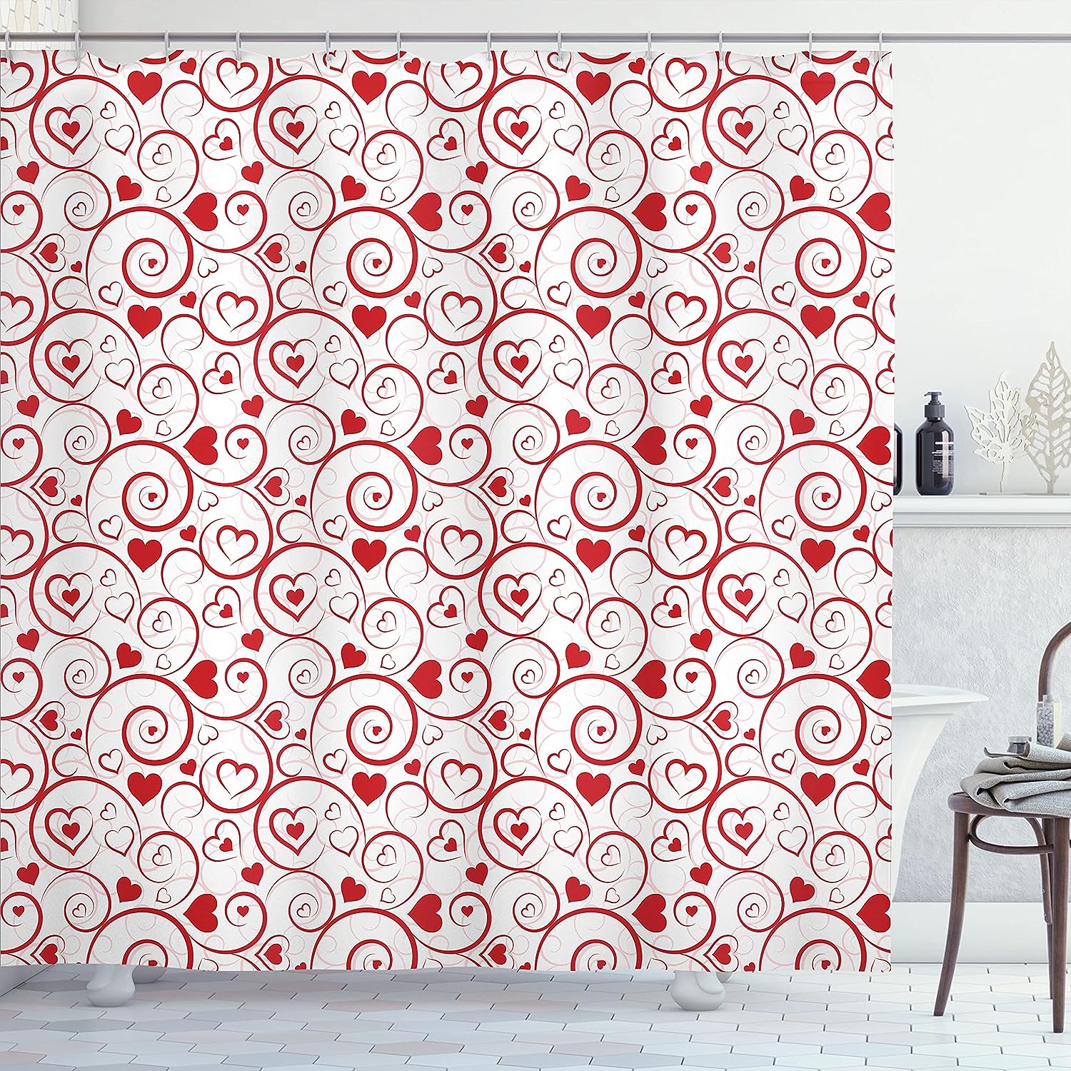 Ornamental Love Shower Curtain, Love Hearts And Swirls Classical Gardens Cloth Fabric Bathroom Decor, Home Decor White/Rose